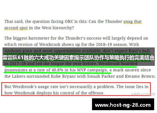 雷霆队61胜的六大成功关键因素揭示团队协作与策略执行的完美结合