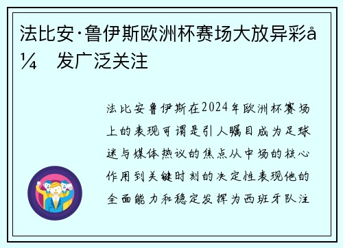 法比安·鲁伊斯欧洲杯赛场大放异彩引发广泛关注 法比安·鲁伊斯欧洲杯赛场大放异彩引发广泛关注