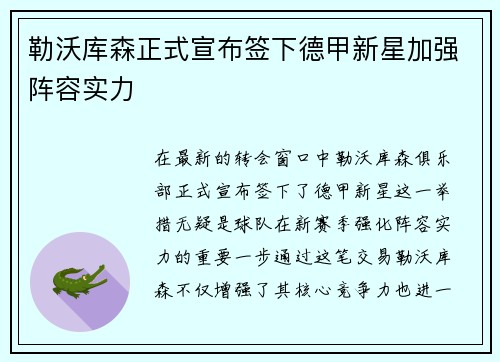 勒沃库森正式宣布签下德甲新星加强阵容实力 勒沃库森正式宣布签下德甲新星加强阵容实力