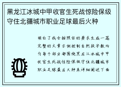 黑龙江冰城中甲收官生死战惊险保级守住北疆城市职业足球最后火种